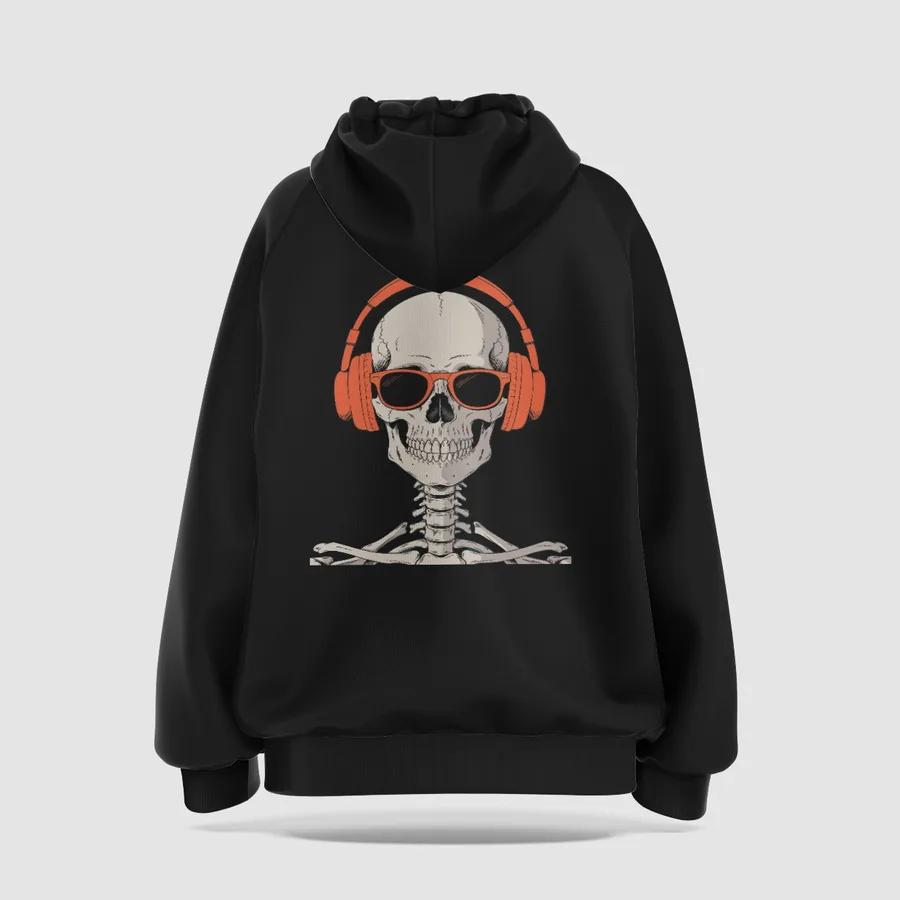 Black hoodie with a skeleton in orange headphones printed on the back