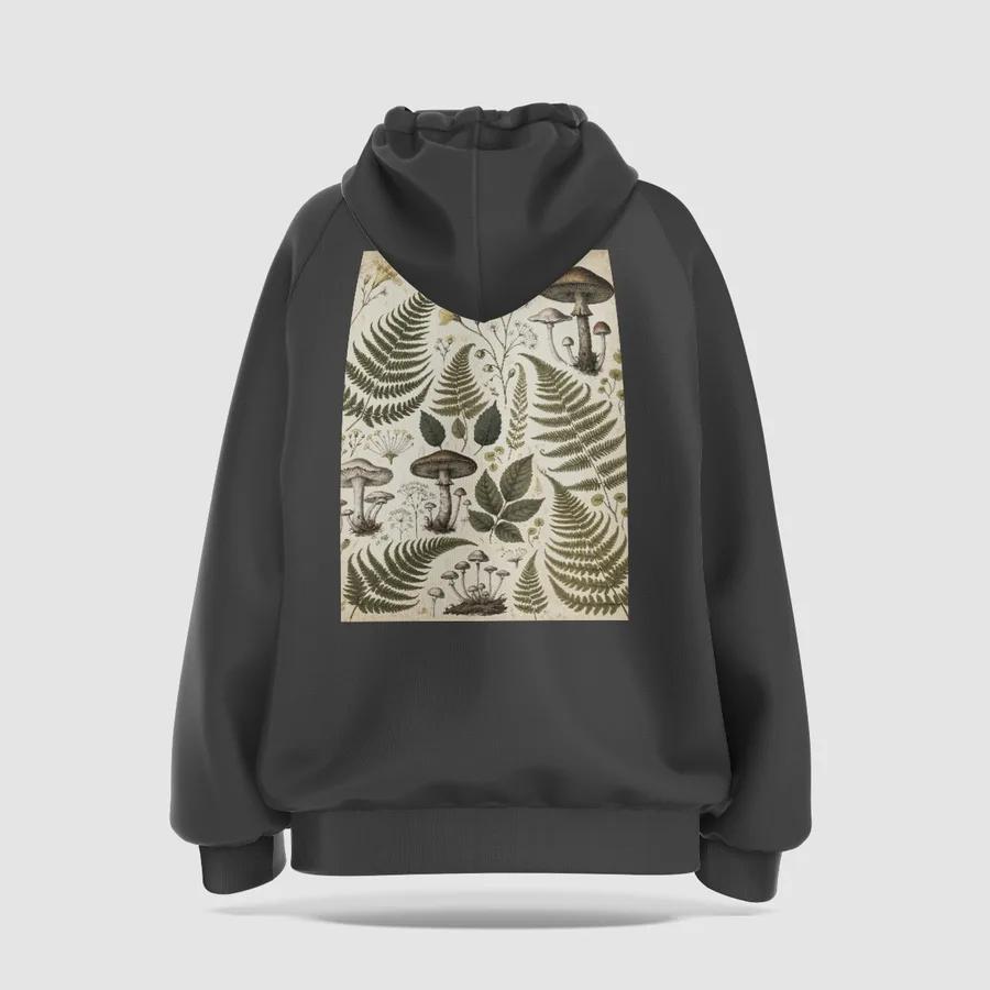 Charcoal hoodie with the botanical fern and mushroom study on the back