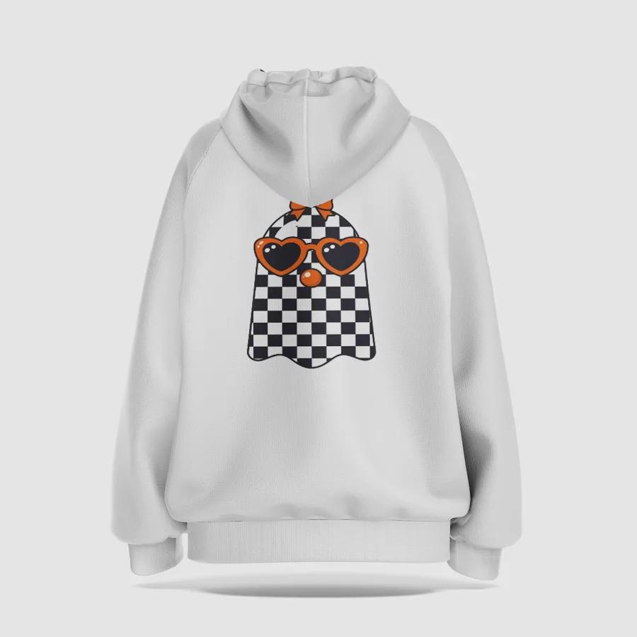White hoodie with a checkerboard ghost in heart sunglasses on the back