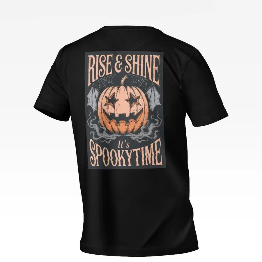 Black T-shirt with a vintage jack-o-lantern print lettered Rise and Shine It's Spookytime