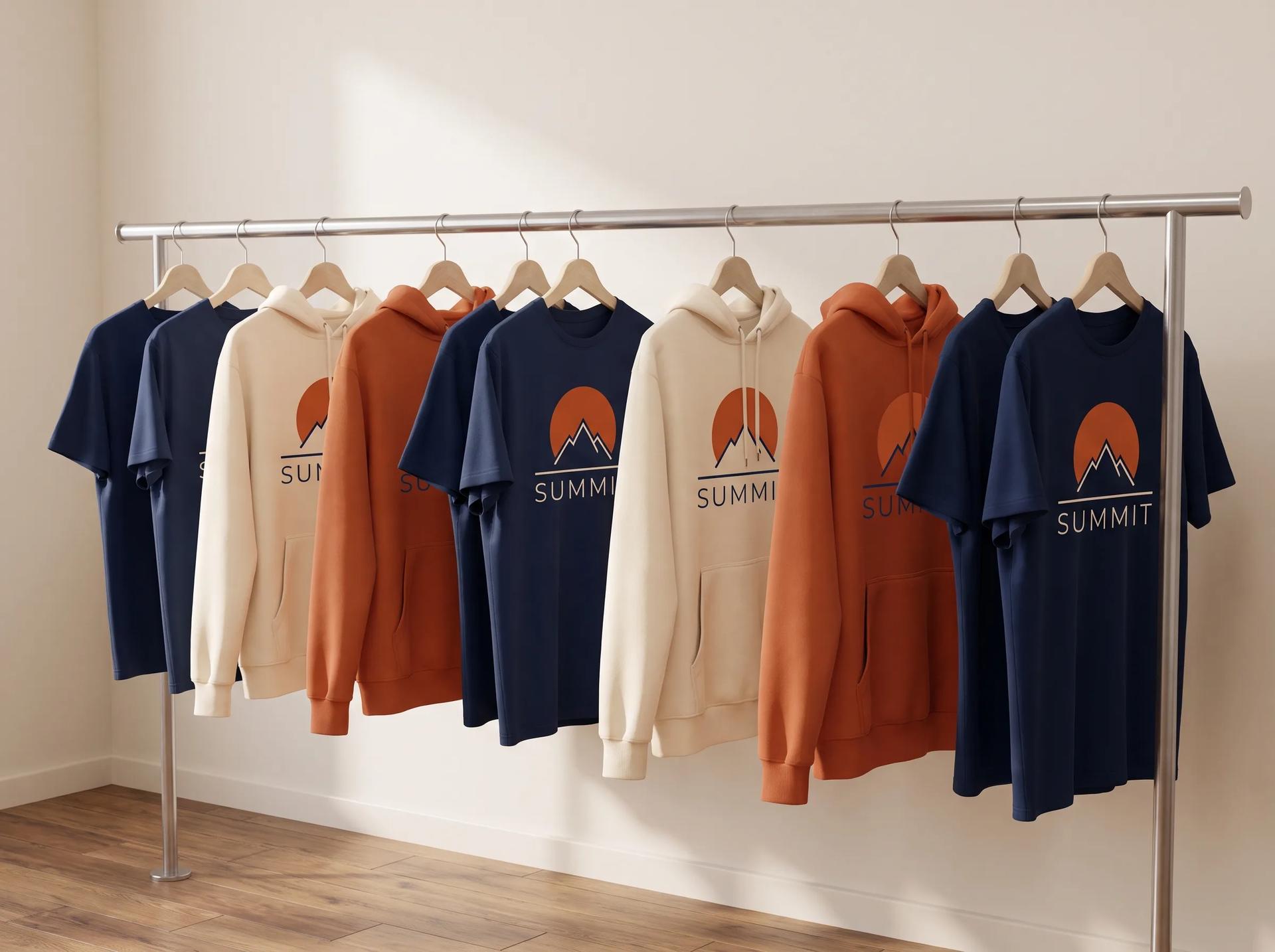 A retail rail of matching outdoor-brand garments with a mountain graphic