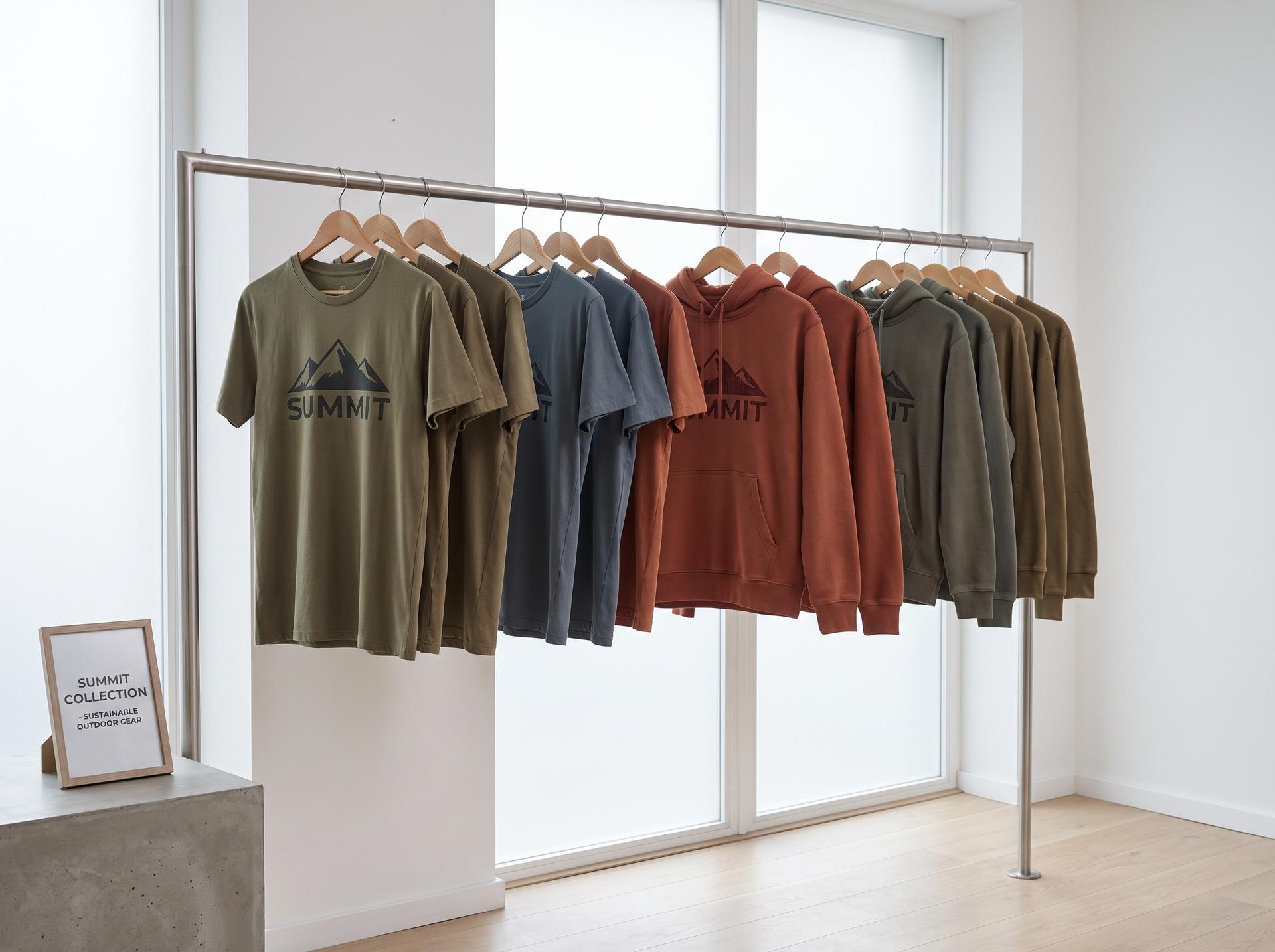 A retail rail of matching outdoor-brand garments with a mountain graphic