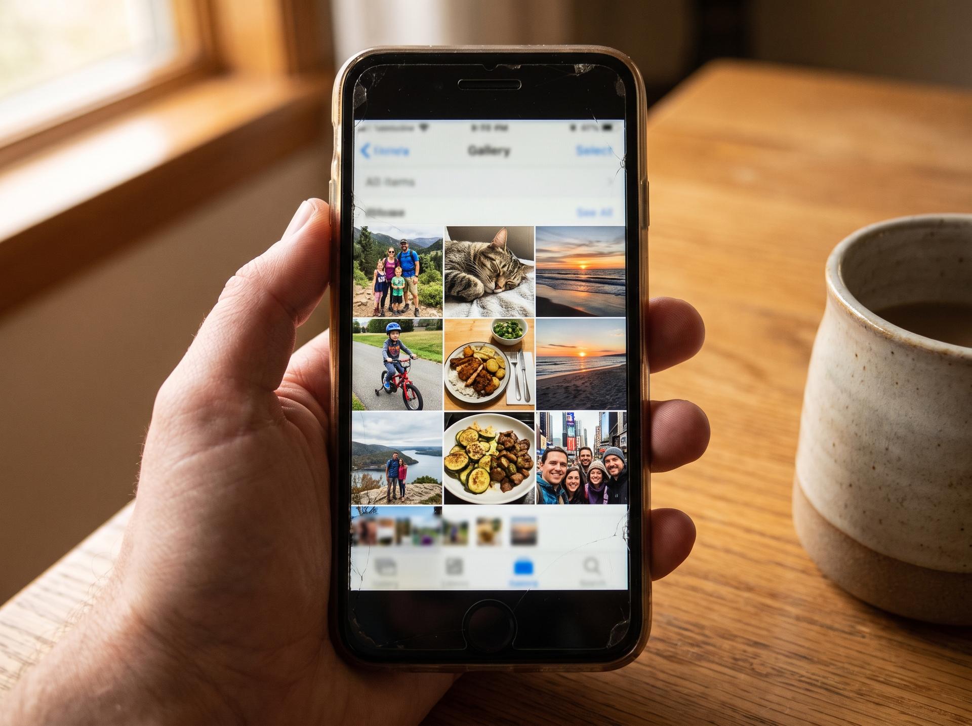 A phone photo gallery grid of everyday snapshots