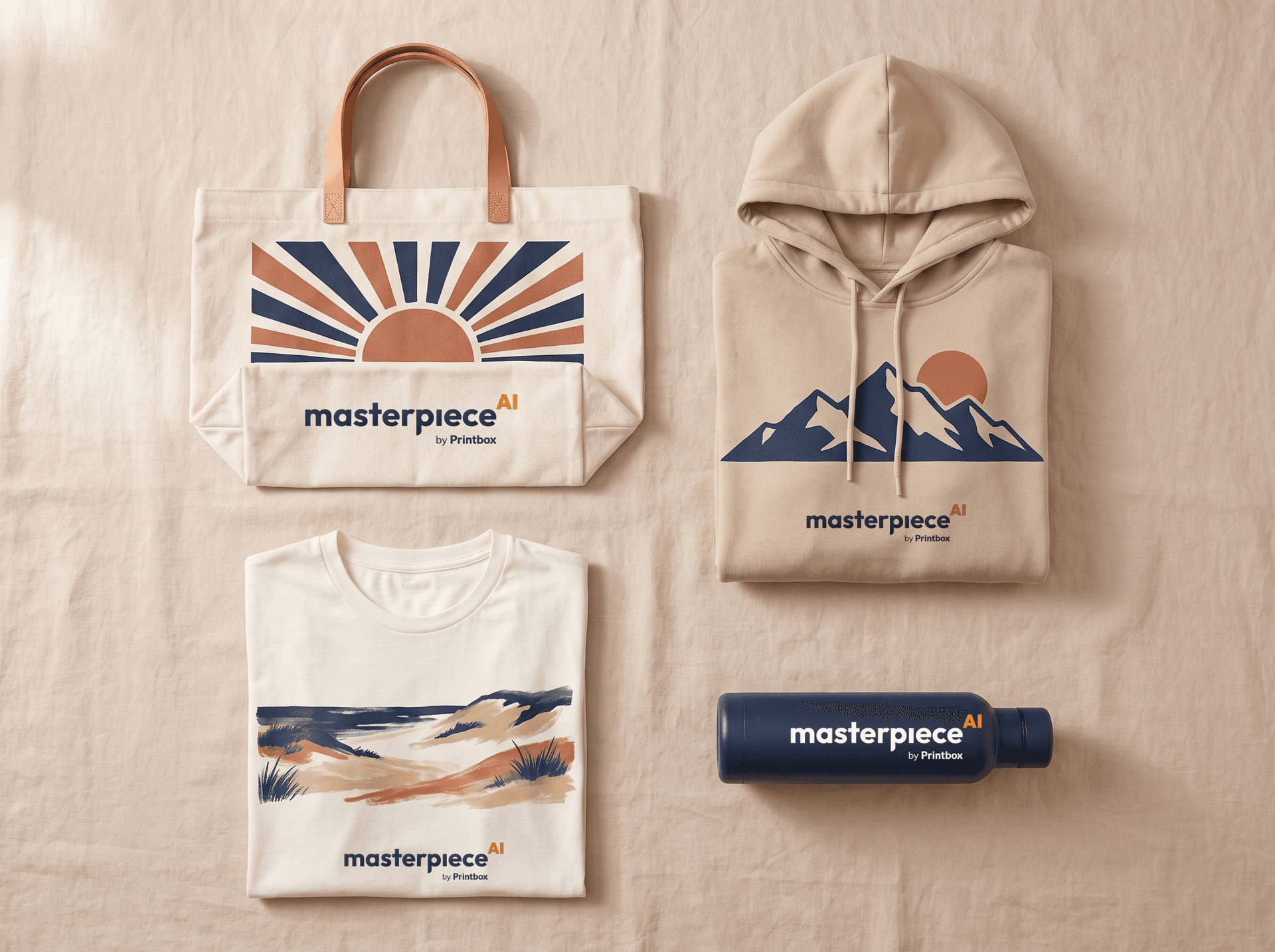 A branded merch line - tote bag, hoodie, t-shirt and water bottle, each printed with AI-generated artwork and the brand logo