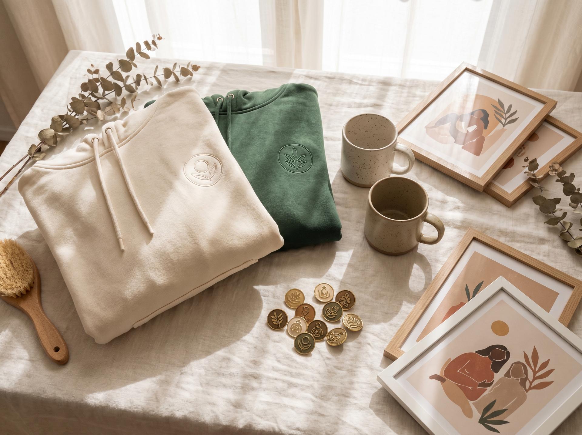 A flat-lay of community merch: hoodies, mugs, pins and prints