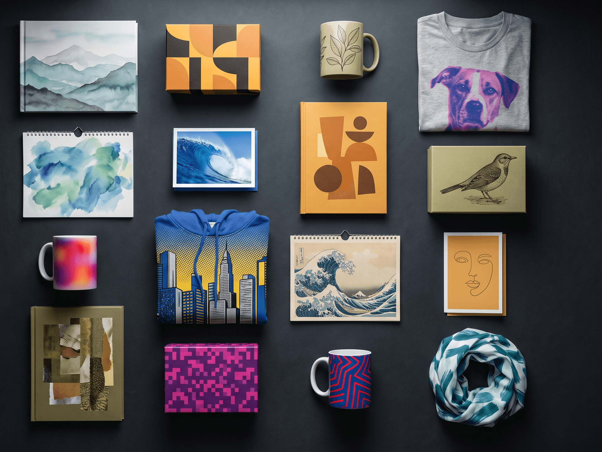 Sixteen printed products in a grid on charcoal - photo books, gift boxes, mugs, apparel, calendars, cards and a scarf - each carrying artwork in a different style, from watercolour and woodblock to risograph, halftone, collage and line drawing